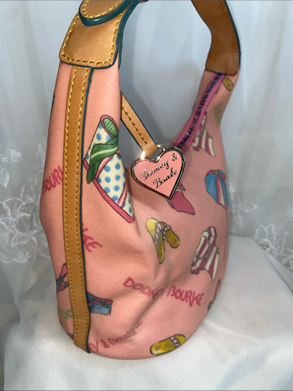 Vintage Dooney & Bourke Pink Miami Beach-Print Hobo with Teal Trim